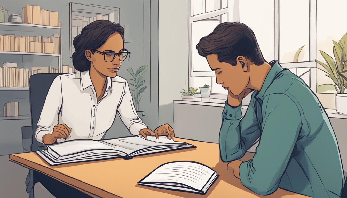 A person sitting at a table, calmly listening to another person while
maintaining eye contact. A book titled “Developing Emotional
Intelligence” is open in front of
them