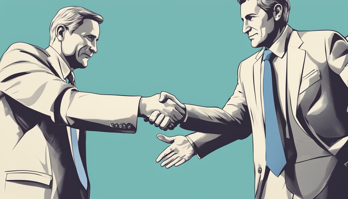 A handshake between two figures, with confident body language and open
gestures, symbolizing trust and rapport in
negotiation