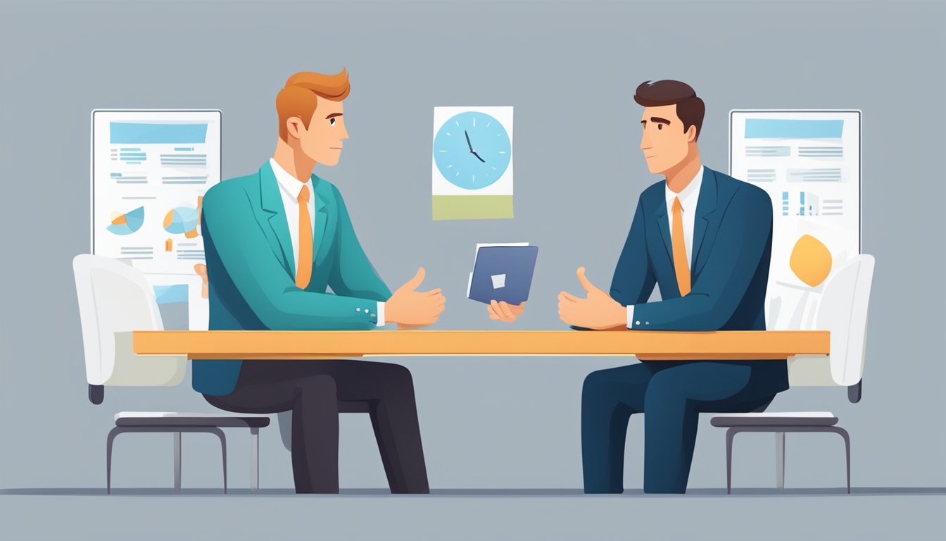 A negotiation table with two opposing sides, each with their own set
of demands and concessions. Body language and facial expressions show
determination and
confidence