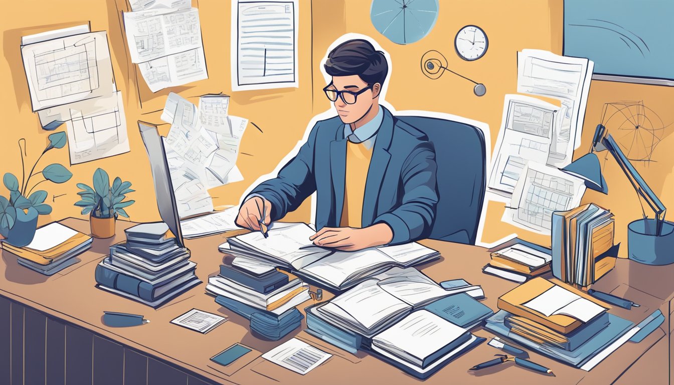 A person studying books on negotiation tactics, surrounded by notes
and
diagrams