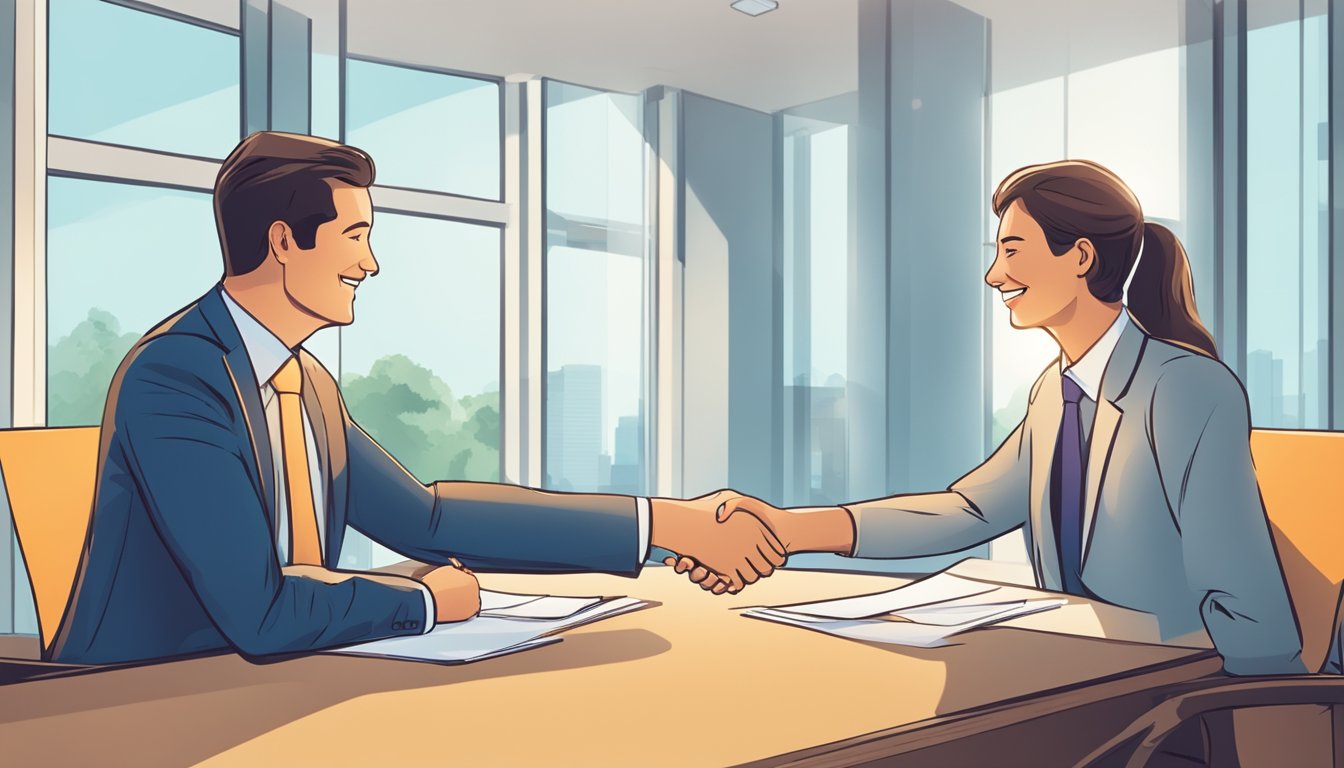 Two individuals shaking hands in agreement, with a smile on their
faces. A table with documents and pens, indicating a successful
negotiation