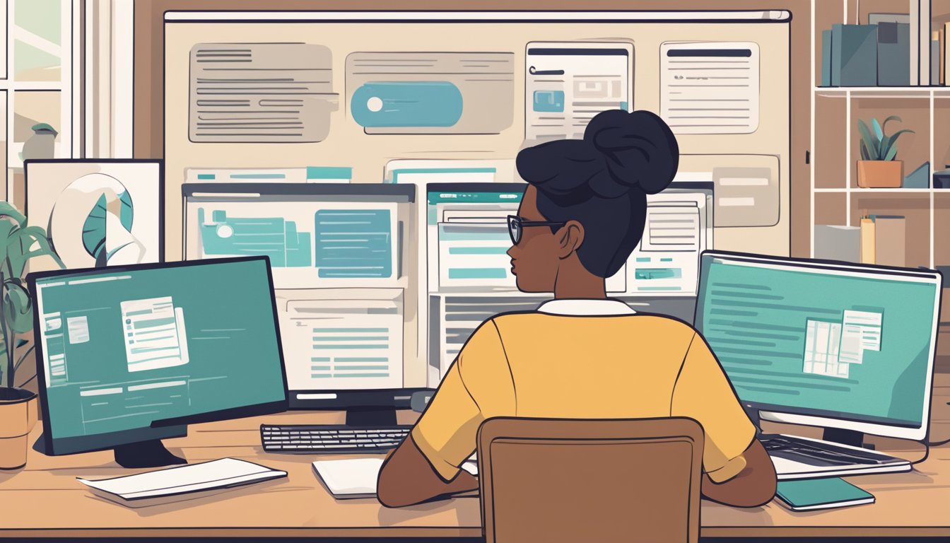 A person sits at a computer, surrounded by various online course
options. They are comparing course details and reviews, with a
determined expression on their
face
