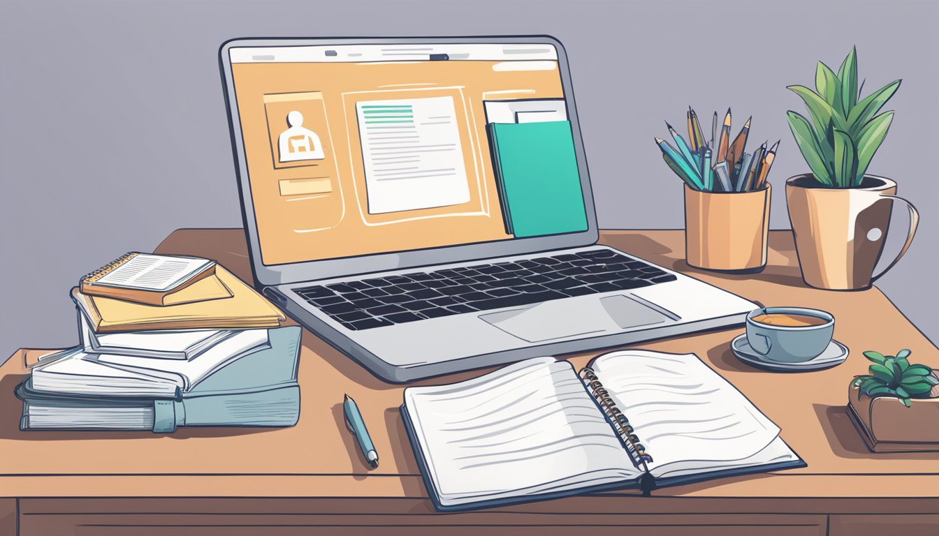 A computer screen displaying various online course providers. A
person’s hand hovering over the mouse, considering options. Books and a
notebook on the
desk