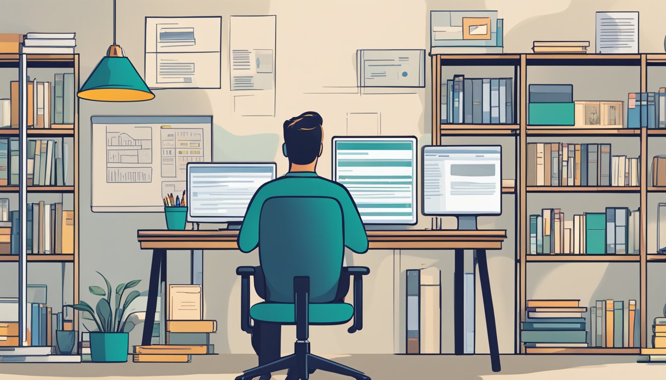 A person sits at a desk with a computer, surrounded by books and
papers. The computer screen displays various online course options for
career development. The person is deep in thought, considering their
networking and communication
opportunities