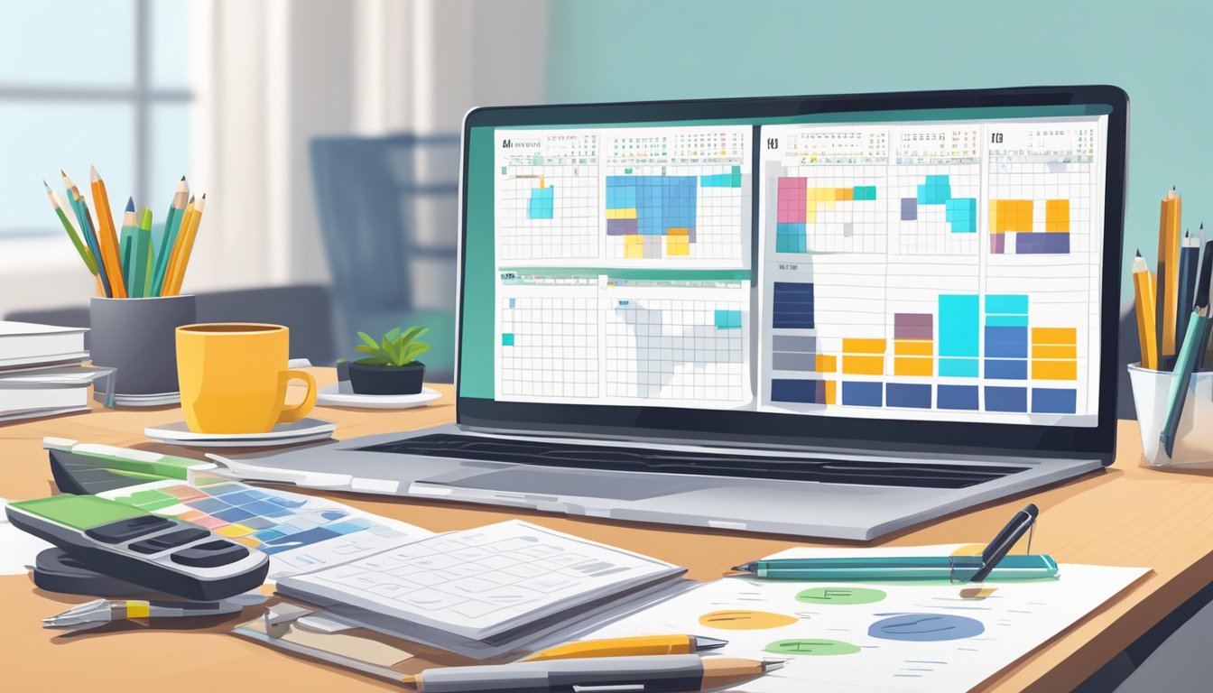 A desk with a laptop, notebook, and pen. A calendar with marked dates.
A stack of books on career development. A budget
spreadsheet