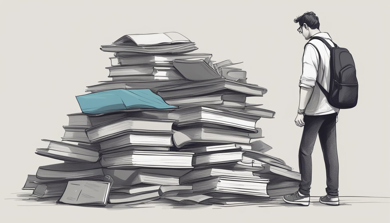 A pile of discarded projects, an open book on “The Philosophy of
Failure,” and a person walking away with a determined
look