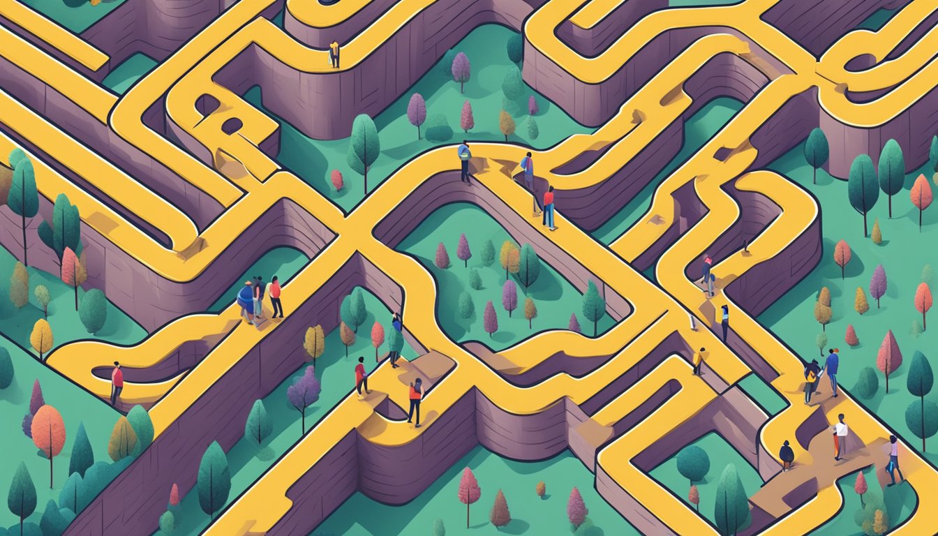 A pile of failed attempts, a person looking ahead, a maze of paths
leading to
success
