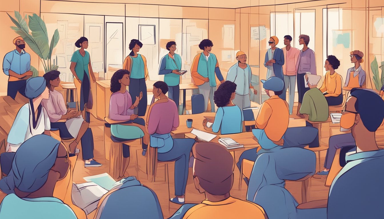 A group of people engage in a lively conversation, asking questions
and avoiding complaints. The atmosphere is friendly and open, with
everyone participating
eagerly