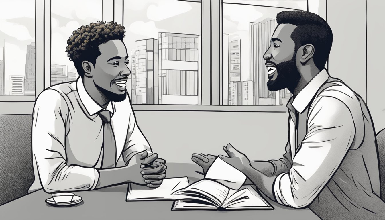Two people engage in a positive conversation. One asks questions,
while the other refrains from complaining. The atmosphere is friendly
and
engaging