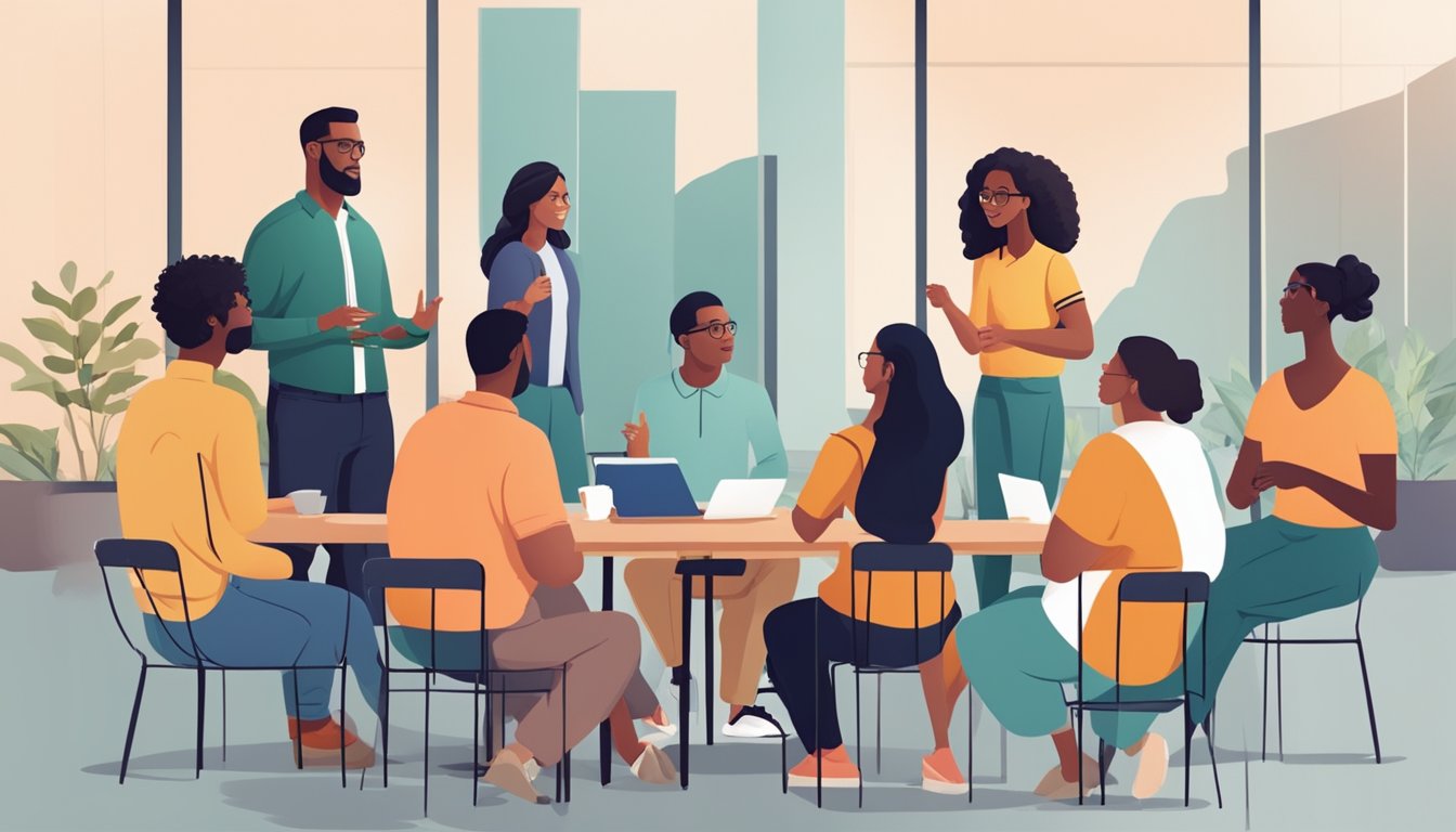 A group of diverse individuals engage in conversation, asking
questions and avoiding complaints in a welcoming and inclusive social
setting