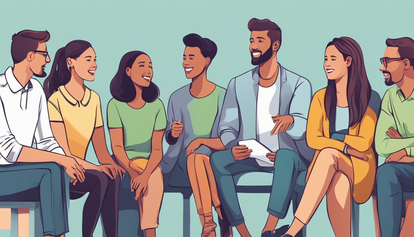 Engage in good conversations: Ask questions, avoid complaining. A
group of people chatting, one person asking, others listening
attentively