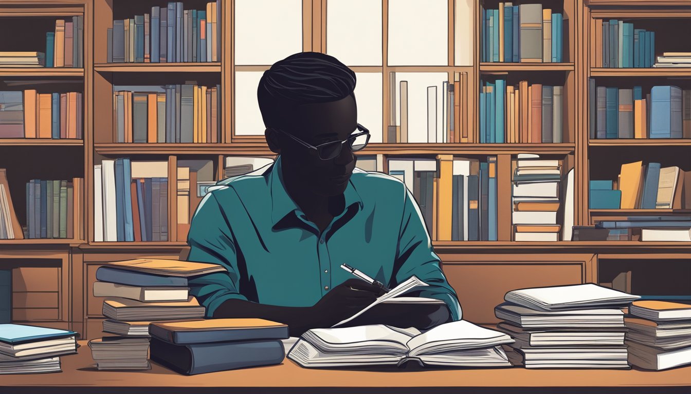 A desk with open books, notepads, and pens. A person’s silhouette in
the background, deep in
thought
