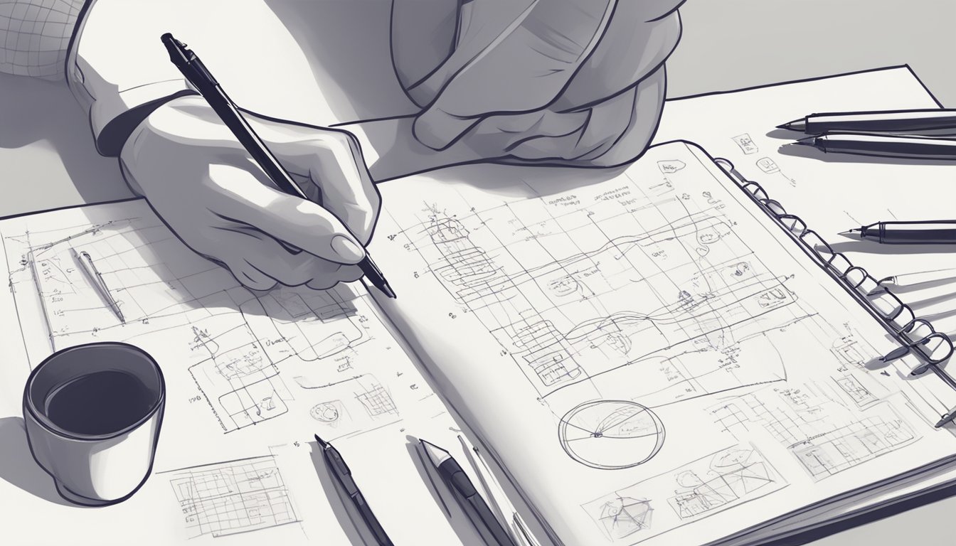A blank notebook with the title “Applying the Feynman Technique” and a
person writing and drawing
diagrams