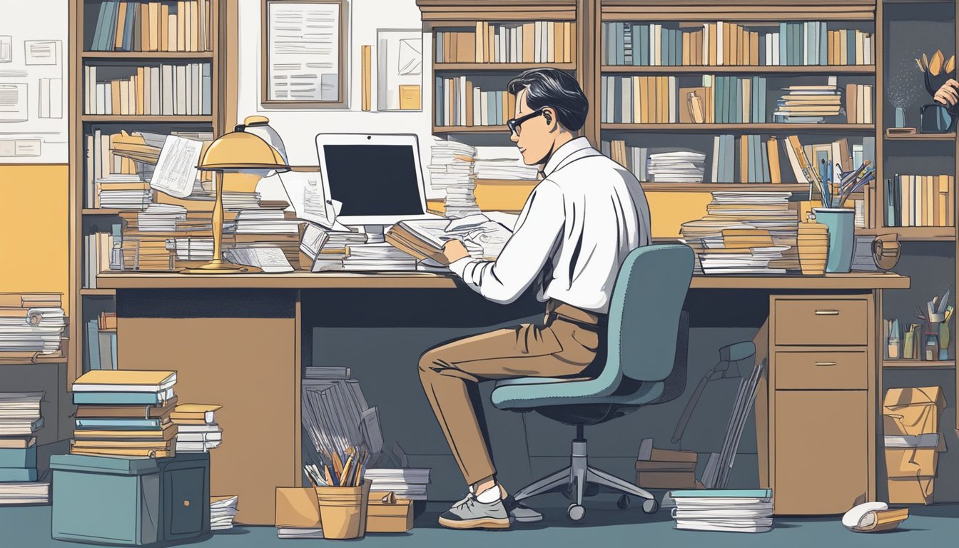 A person sits at a desk with books and notes, using the Feynman
Technique to simplify and explain complex concepts. A light bulb
symbolizes the moment of
understanding