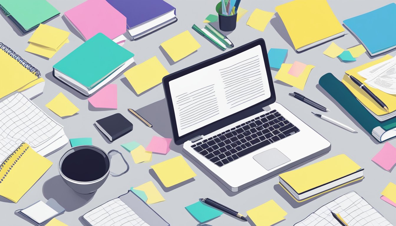 A desk with open textbooks, notes, and a laptop. A person’s hand
holding a pen writing out concepts. Post-it notes with key points
scattered
around