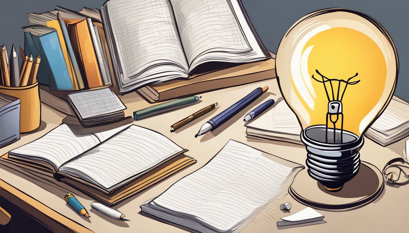 A cluttered desk with books, notes, and a pen. A person’s hand writing
and organizing information. A light bulb above, symbolizing
understanding