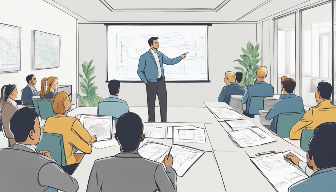 A person pointing to a diagram while explaining the Feynman Technique
to an attentive group of
listeners