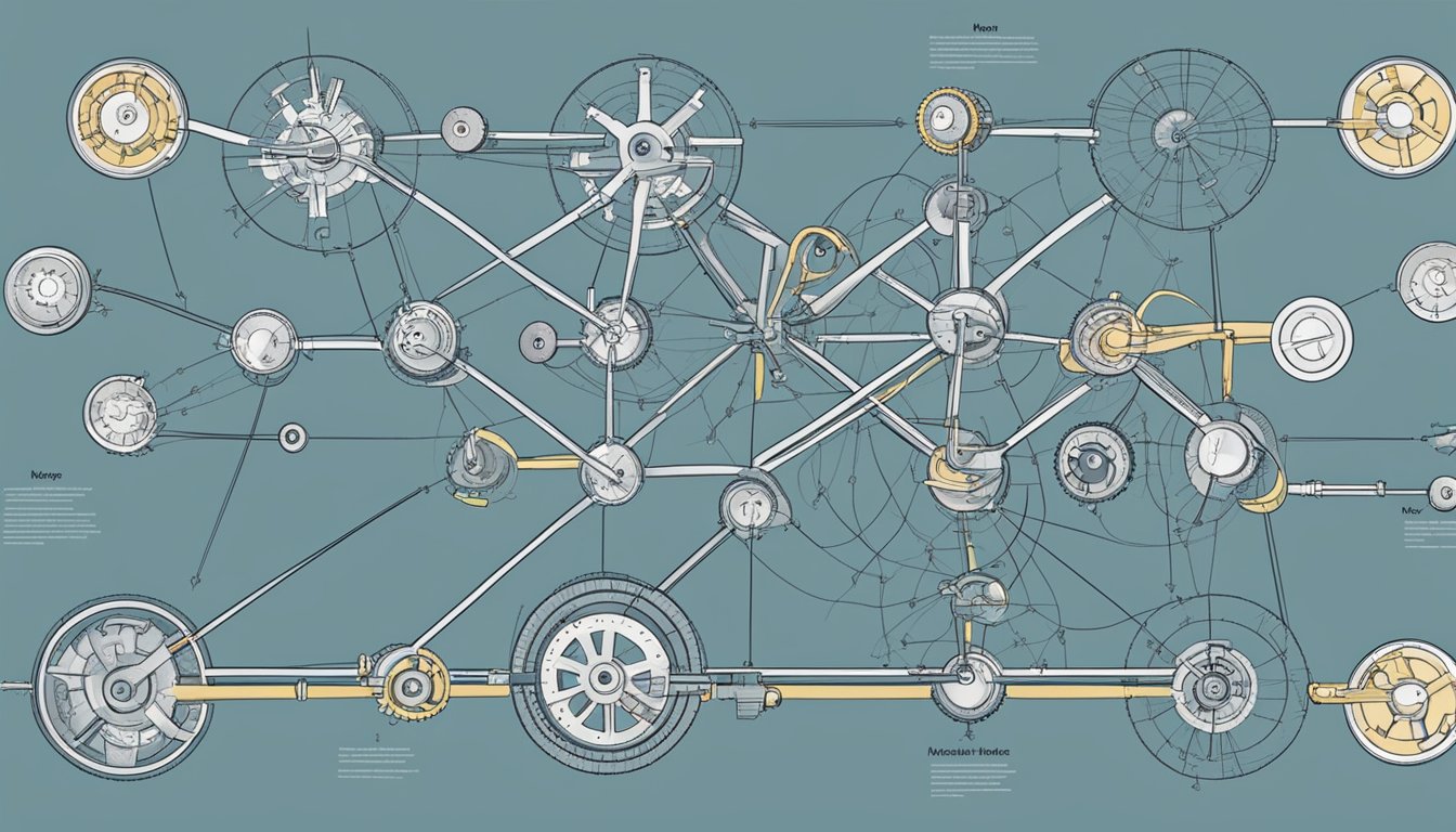 A network of interconnected gears and pulleys, with arrows showing the
flow of information. Labels indicate “muscle memory” and “complex
tasks.”