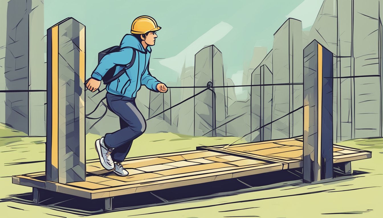 A figure repeatedly navigates a challenging obstacle course, showing
signs of frustration and
determination