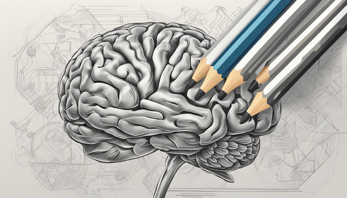 A hand holding a pencil, drawing a complex pattern with ease. Nearby,
a brain with arrows pointing to muscles, symbolizing muscle
memory