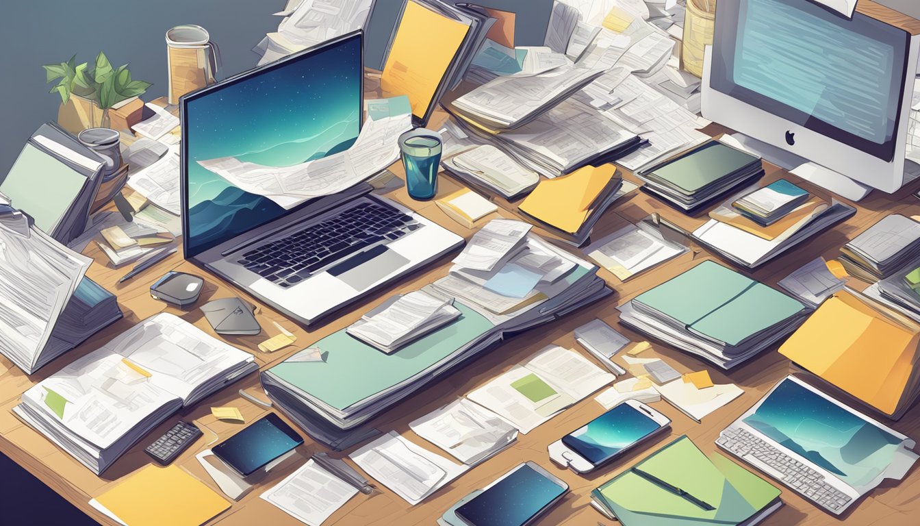 A cluttered desk with multiple screens, papers, and open books,
surrounded by buzzing electronic devices and a chaotic array of
scattered notes and
documents