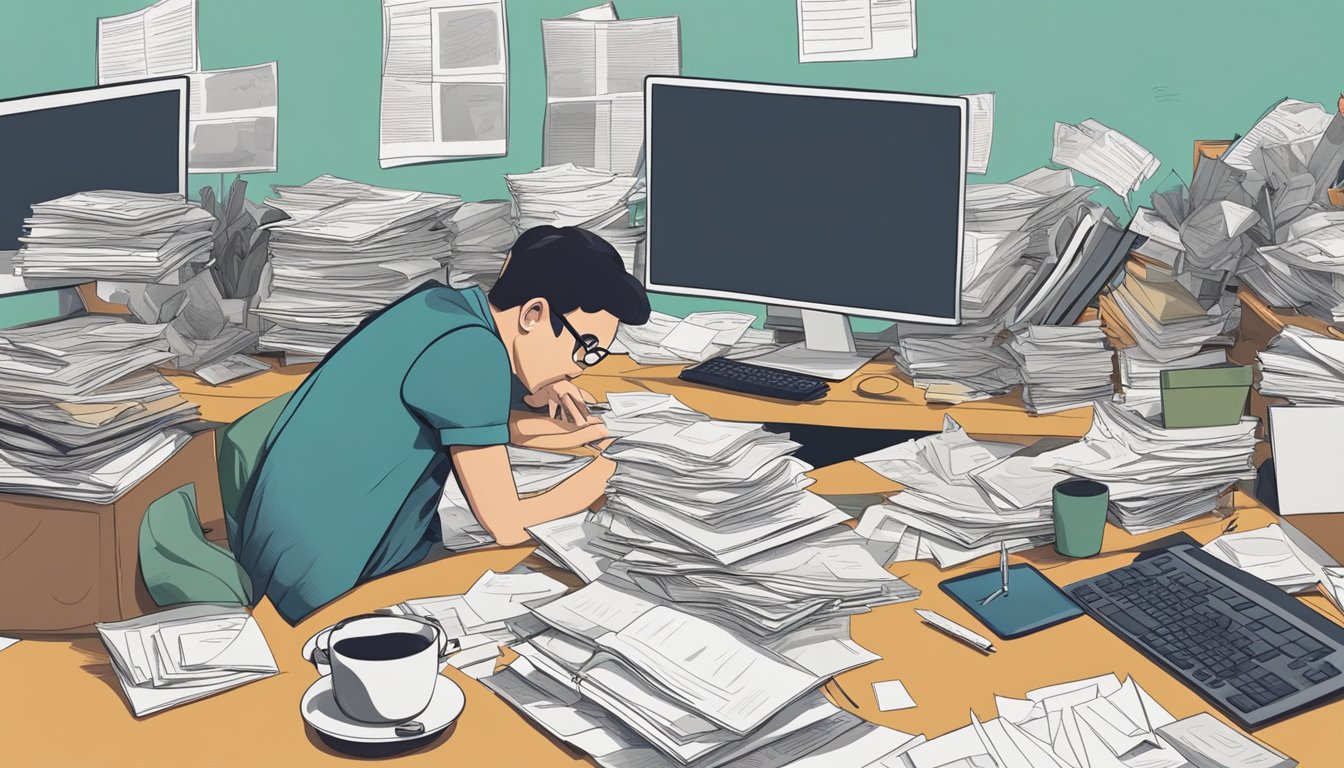 A cluttered desk with multiple screens and papers, a person looking
overwhelmed. A clock ticking loudly in the
background