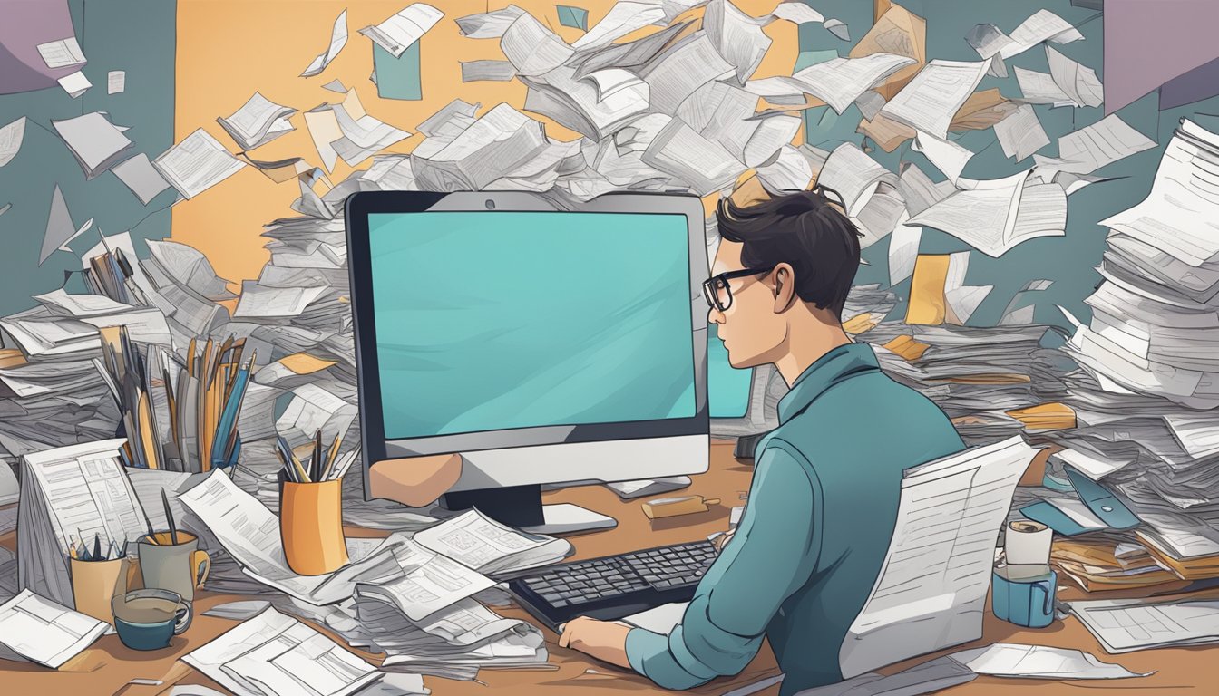 A cluttered desk with overflowing papers and a computer screen
displaying multiple open tabs. A person sits with a stressed expression,
surrounded by
chaos