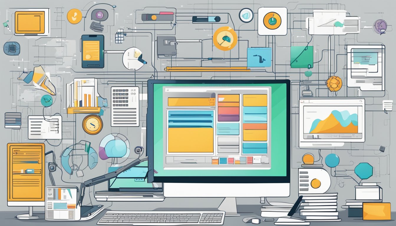 Various technological tools and software interfaces overwhelm the
screen, causing cognitive burnout. Strategies to prevent overload are
displayed in a clear, organized
manner