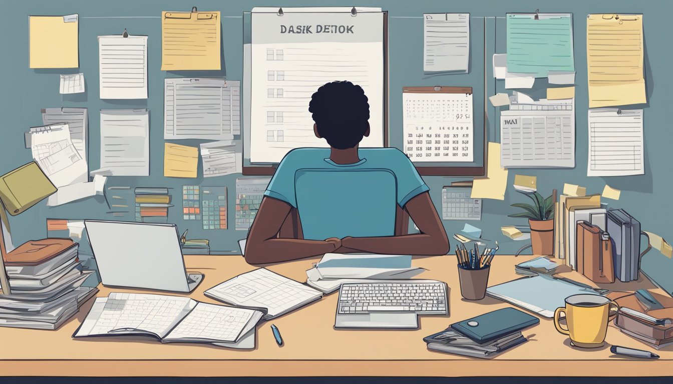 A cluttered desk with multiple screens and papers, a person looking
overwhelmed. A clock shows late hours. A calendar with deadlines. A
clear, organized desk next to it, with a notebook and a single
screen