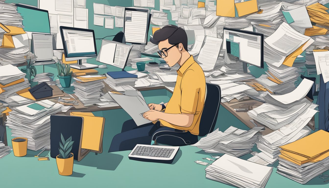 A cluttered desk with overflowing papers, multiple screens displaying
information, and a person looking
overwhelmed