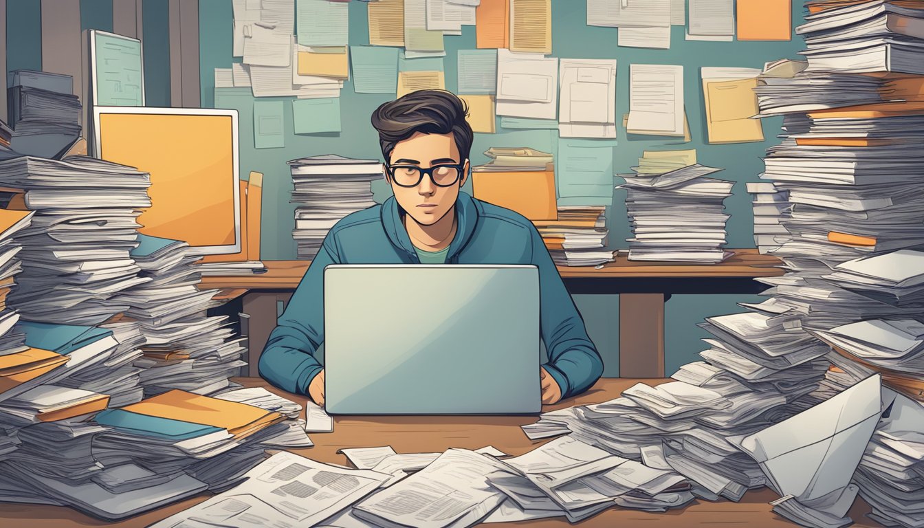 A cluttered desk with stacks of papers, open books, and a computer
screen displaying multiple tabs. A person looks overwhelmed by the
information
overload