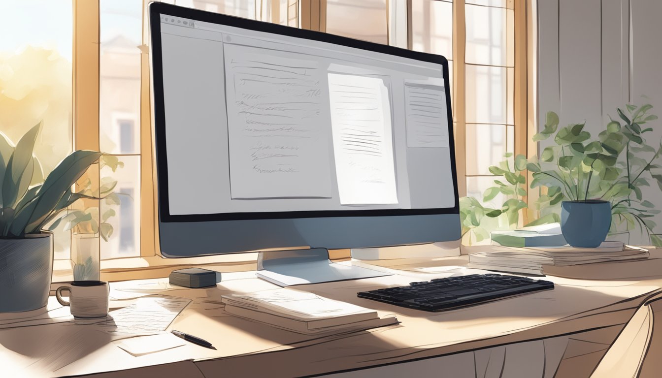 A desk with a calligraphy set, paper, and pen. A computer displaying
an online calligraphy course. Light filters through a window onto the
workspace