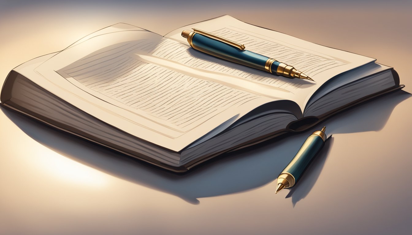 A calligraphy pen poised over a blank page, with an open book on the
side. A soft light illuminates the workspace, creating a serene and
focused
atmosphere