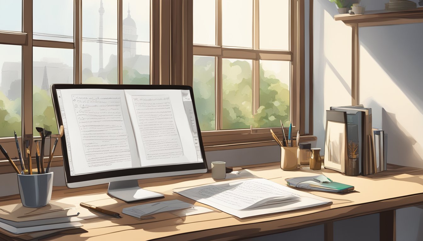 A desk with calligraphy tools, paper, and instructional book open. A
computer displaying a calligraphy course. Window with natural
light