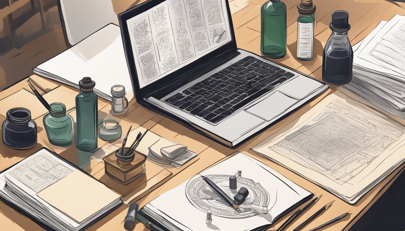 A table with various calligraphy tools, ink bottles, and paper. A
hand-drawn calligraphy guidebook lies open next to a laptop displaying
an online calligraphy
course