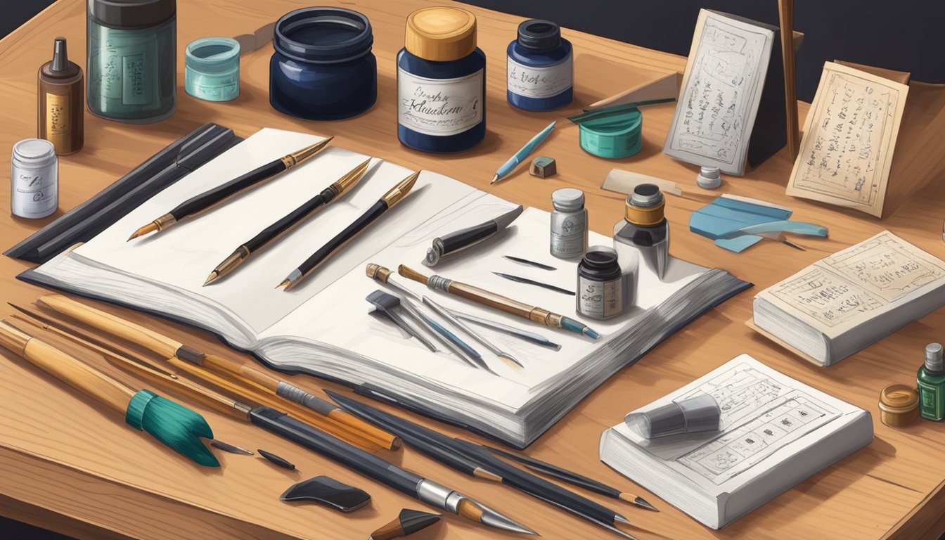 A collection of calligraphy tools and materials arranged neatly on a
wooden desk, including ink, nibs, paper, and instructional
books