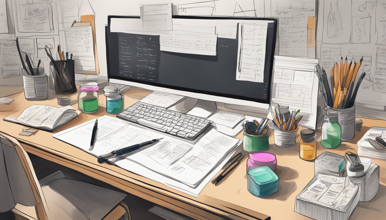 A cluttered desk with calligraphy tools, ink bottles, and practice
sheets. A computer screen displaying an online calligraphy
tutorial