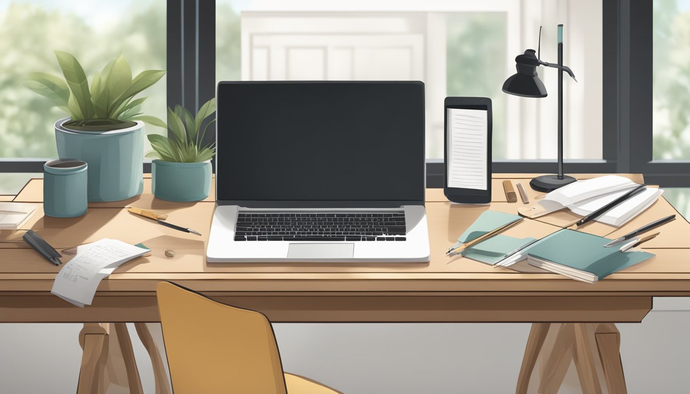 A desk with calligraphy tools, paper, and a computer displaying an
online calligraphy course. A serene, focused atmosphere with natural
light