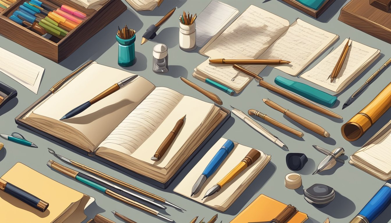 A variety of calligraphy tools and writing implements are displayed on
a table, representing different cultures and styles of
handwriting
