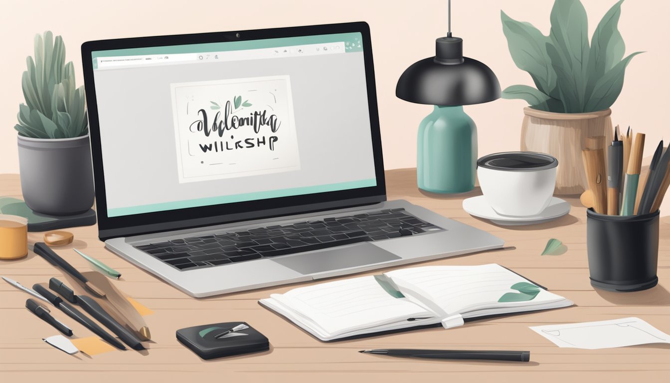 A modern calligraphy workshop with tools and examples of beautiful
hand-lettering, a laptop displaying an online class, and a welcoming
atmosphere