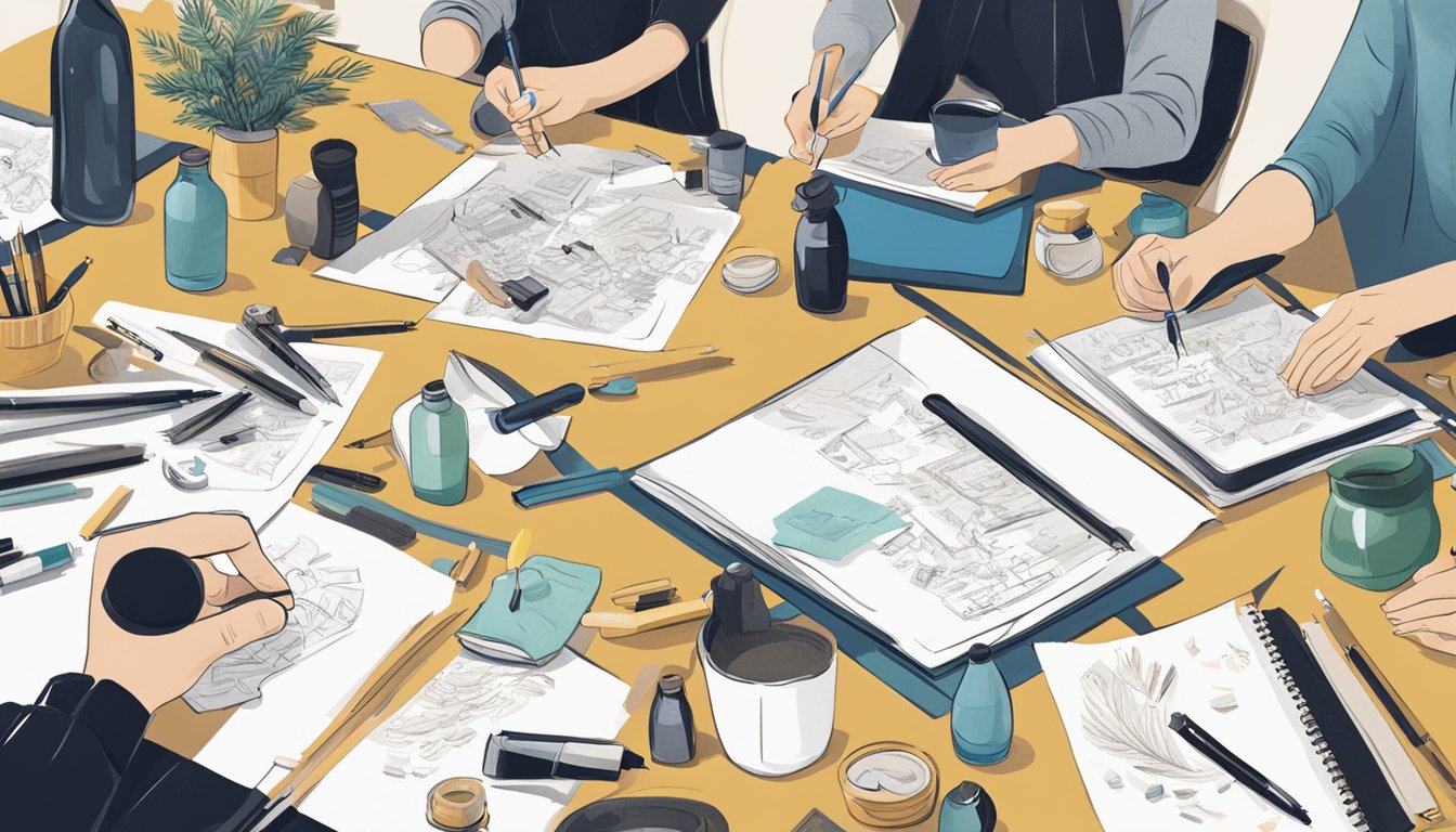 A group of calligraphy enthusiasts gather online to share tips and
techniques. Pens, ink bottles, and paper are scattered across the table
as they practice their
craft