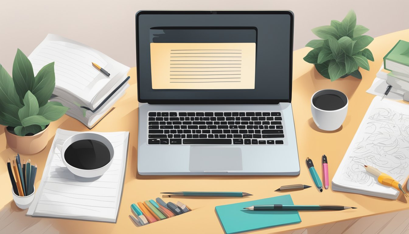 A desk with calligraphy tools and a laptop displaying an online
calligraphy course. Books on handwriting improvement in the
background