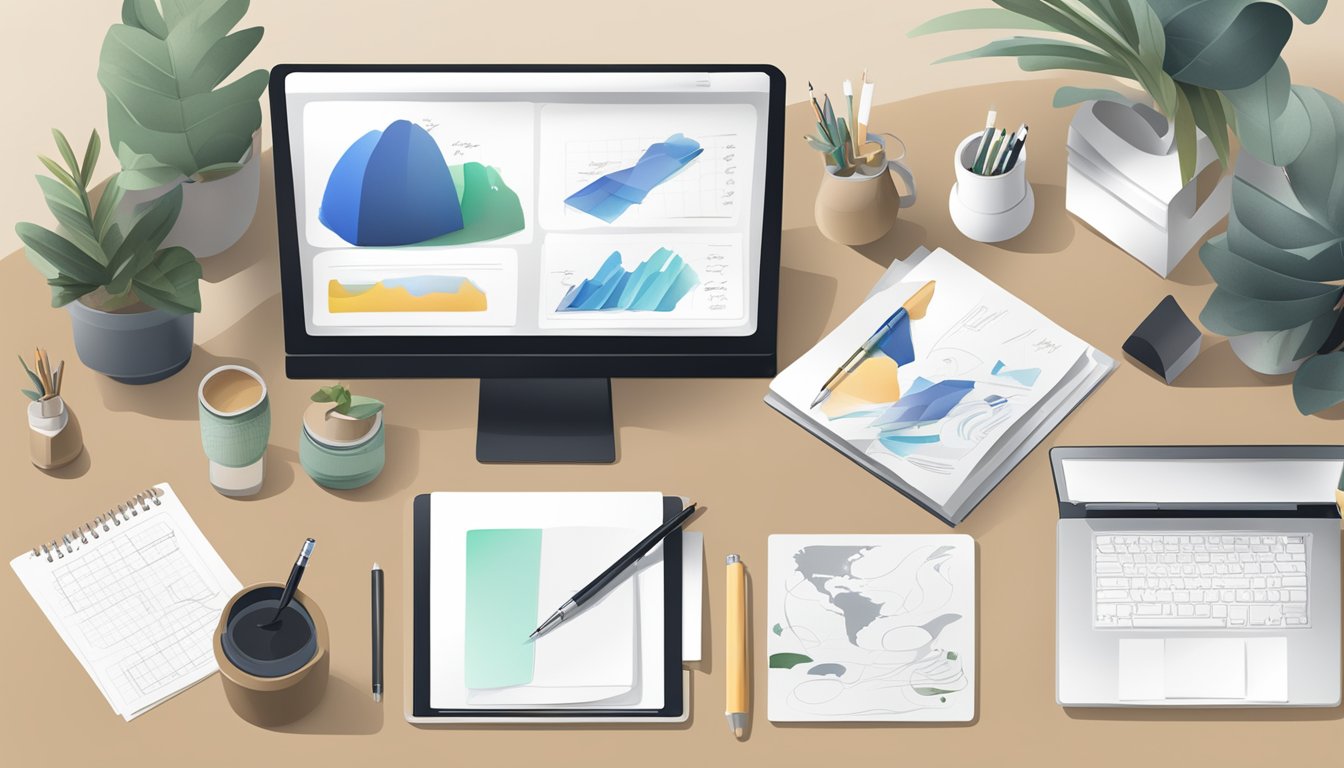 A sleek, modern desk with a calligraphy pen, ink, and paper. A
computer screen displays an online calligraphy
course