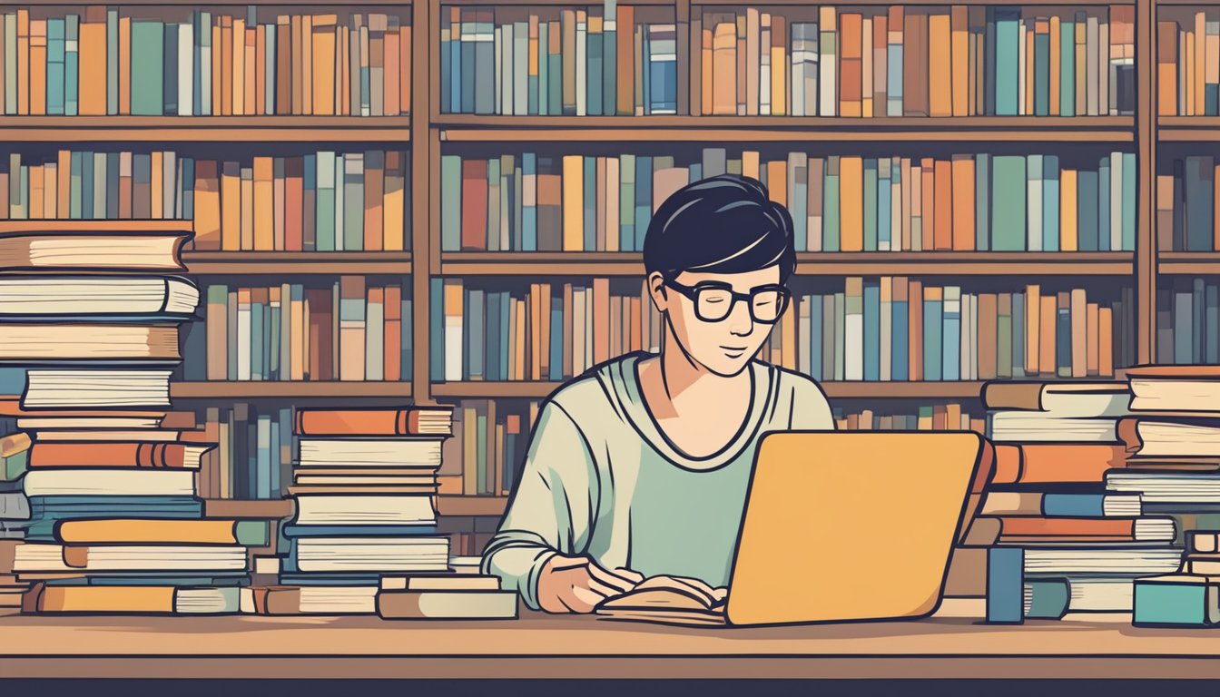 A person surrounded by language books and online resources, selecting
the best materials to learn a new language in 6
months