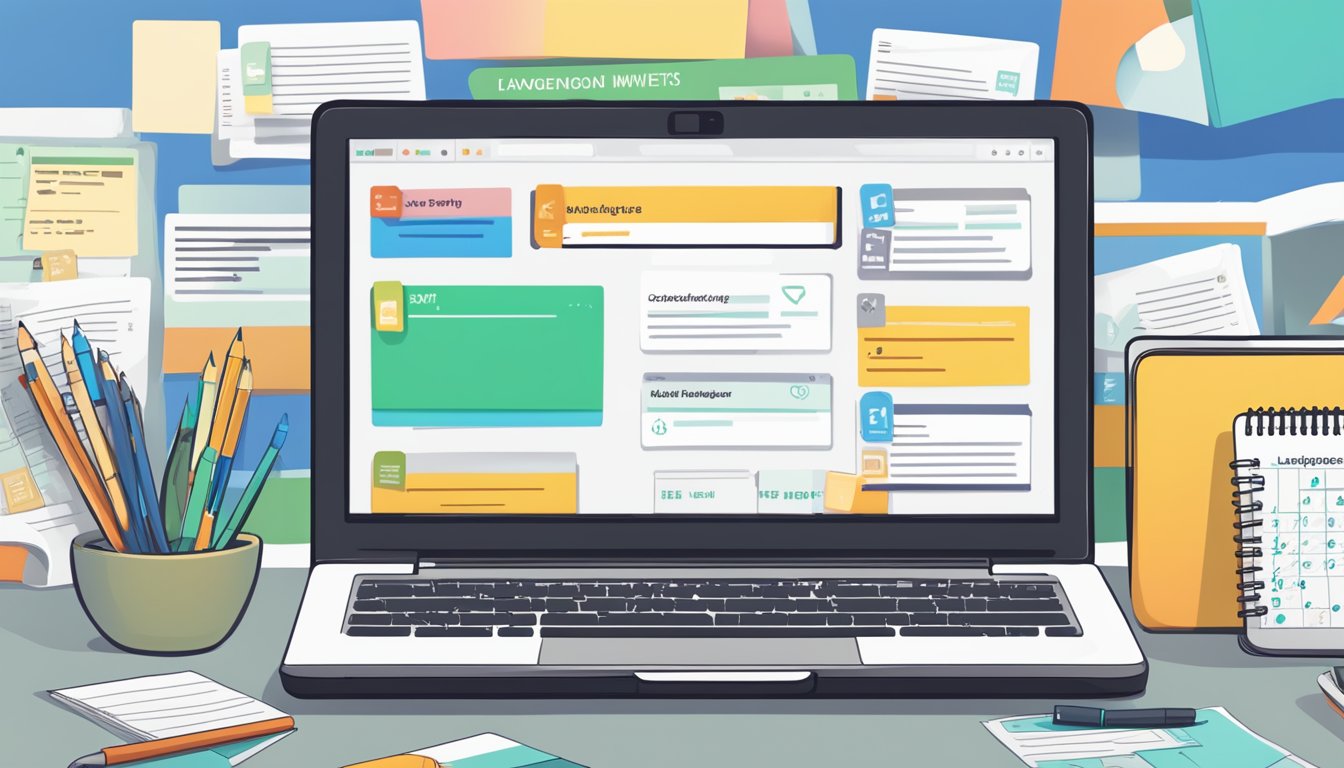 A laptop with language learning websites open, flashcards scattered,
and a calendar marked with progress
milestones