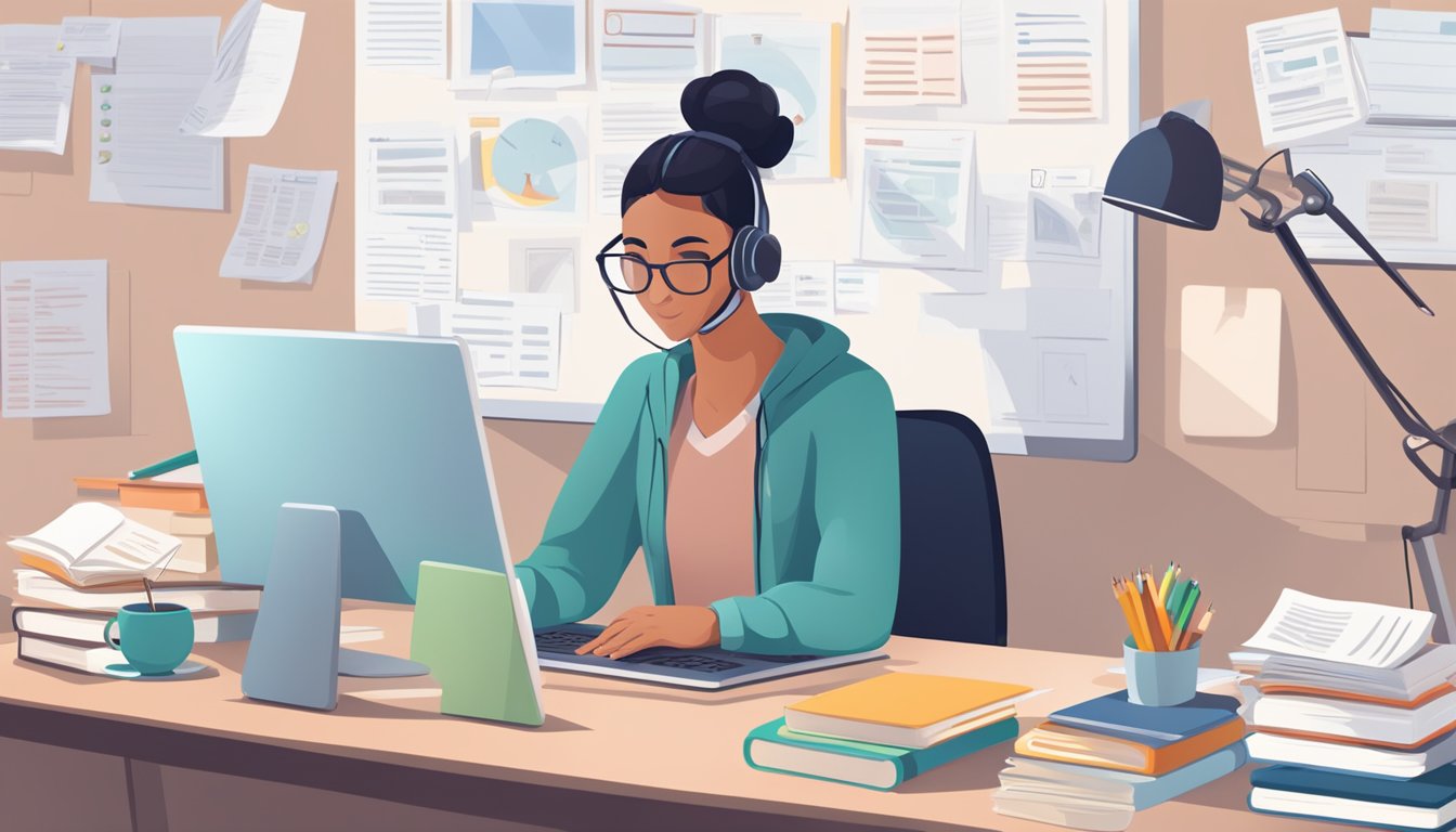 A person sits at a desk with a computer, surrounded by language
textbooks and notes. Online language learning resources are displayed on
the
screen