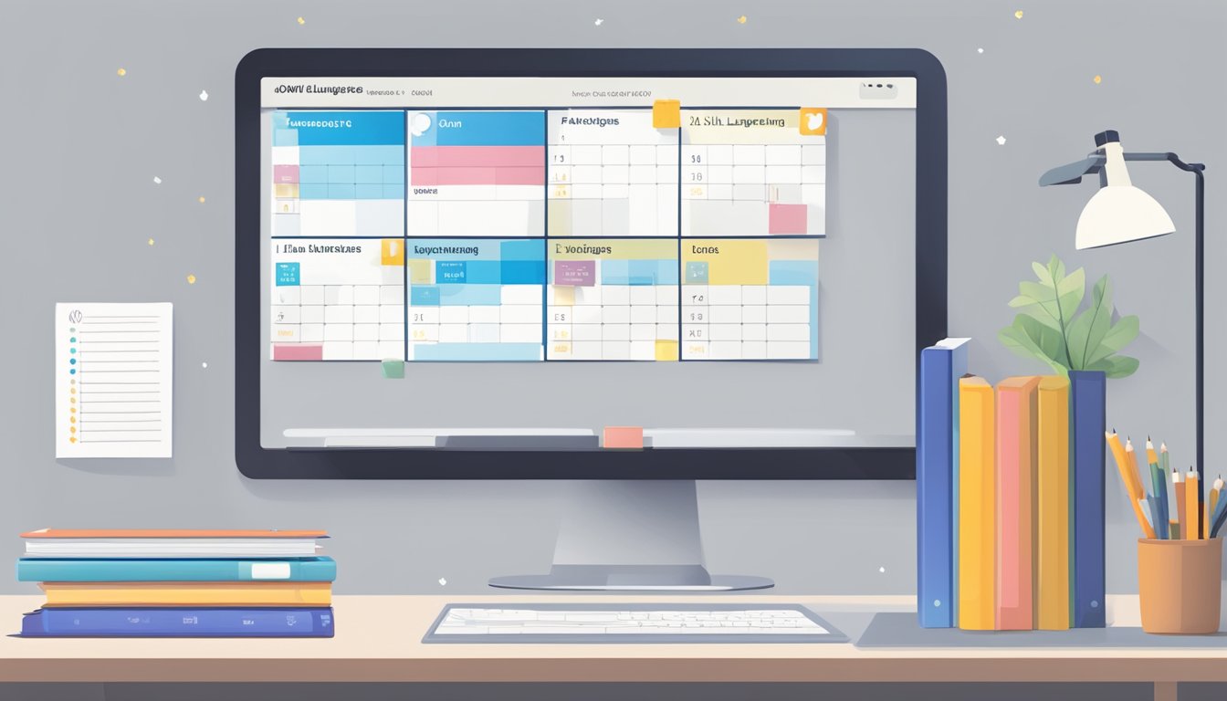 A calendar with six months marked off, a stack of language learning
books, and a computer screen displaying online language
lessons