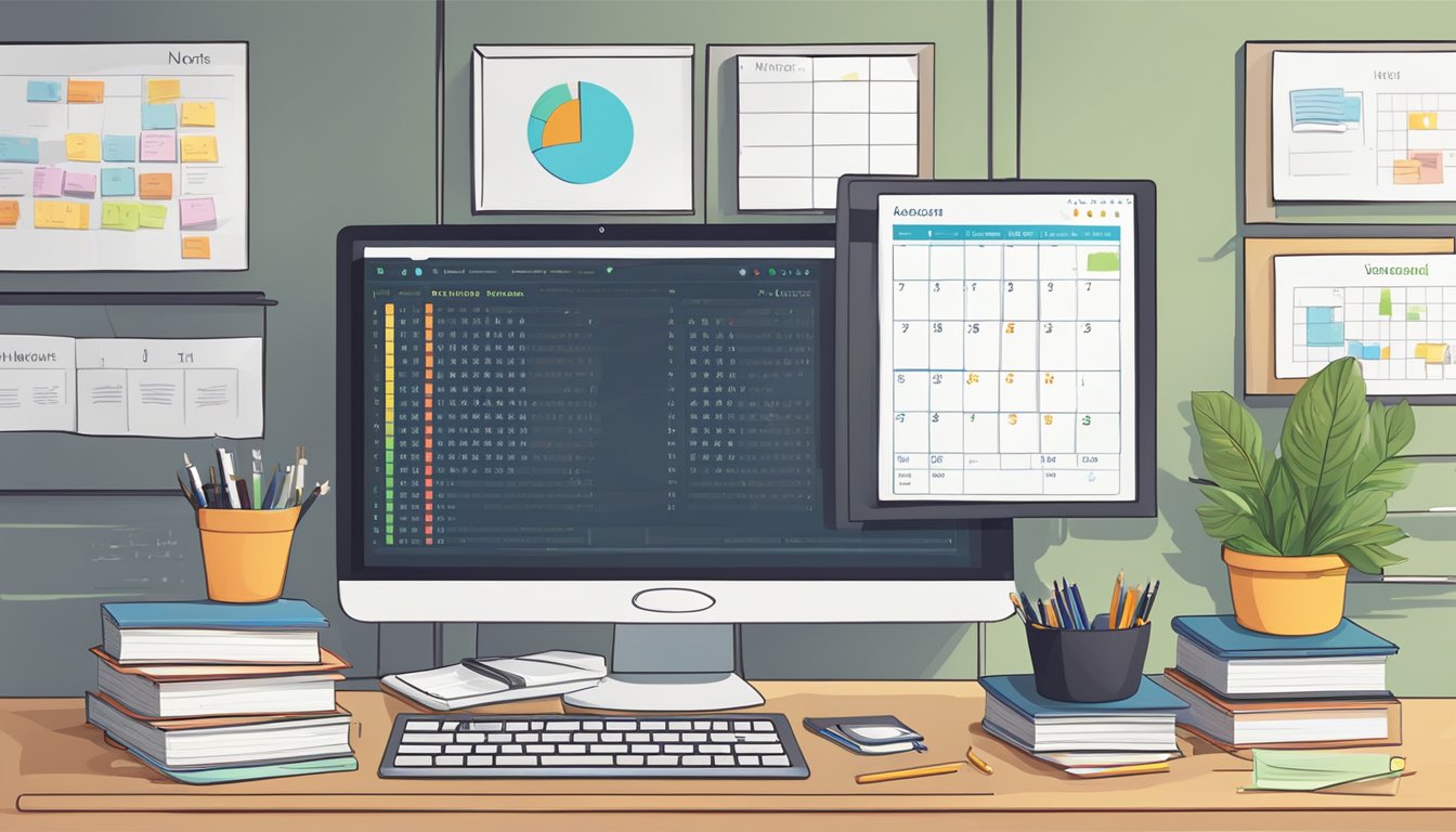 A computer screen displays language lessons. A calendar on the wall
shows six months. Books and notes are scattered around the
desk