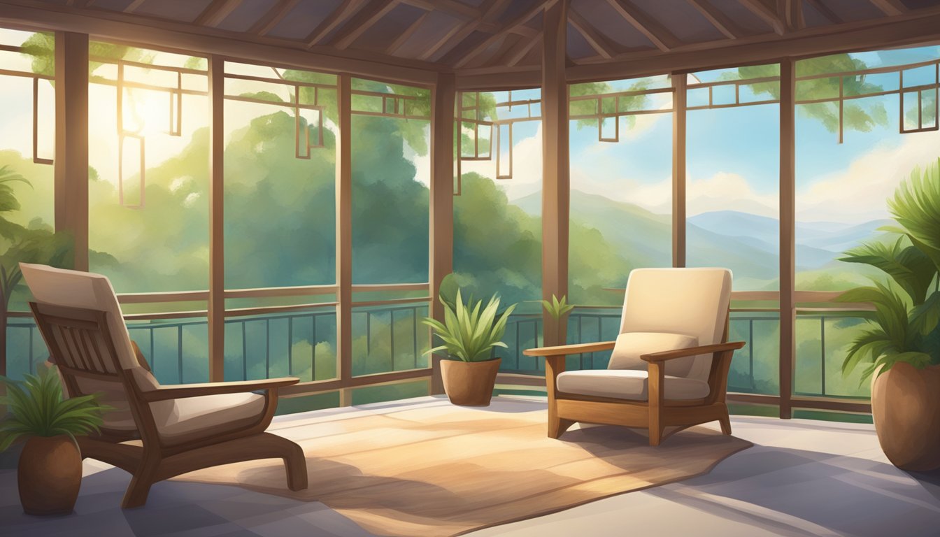 A serene setting with soft natural light, a cushion or chair for
sitting, and a peaceful atmosphere conducive to
meditation