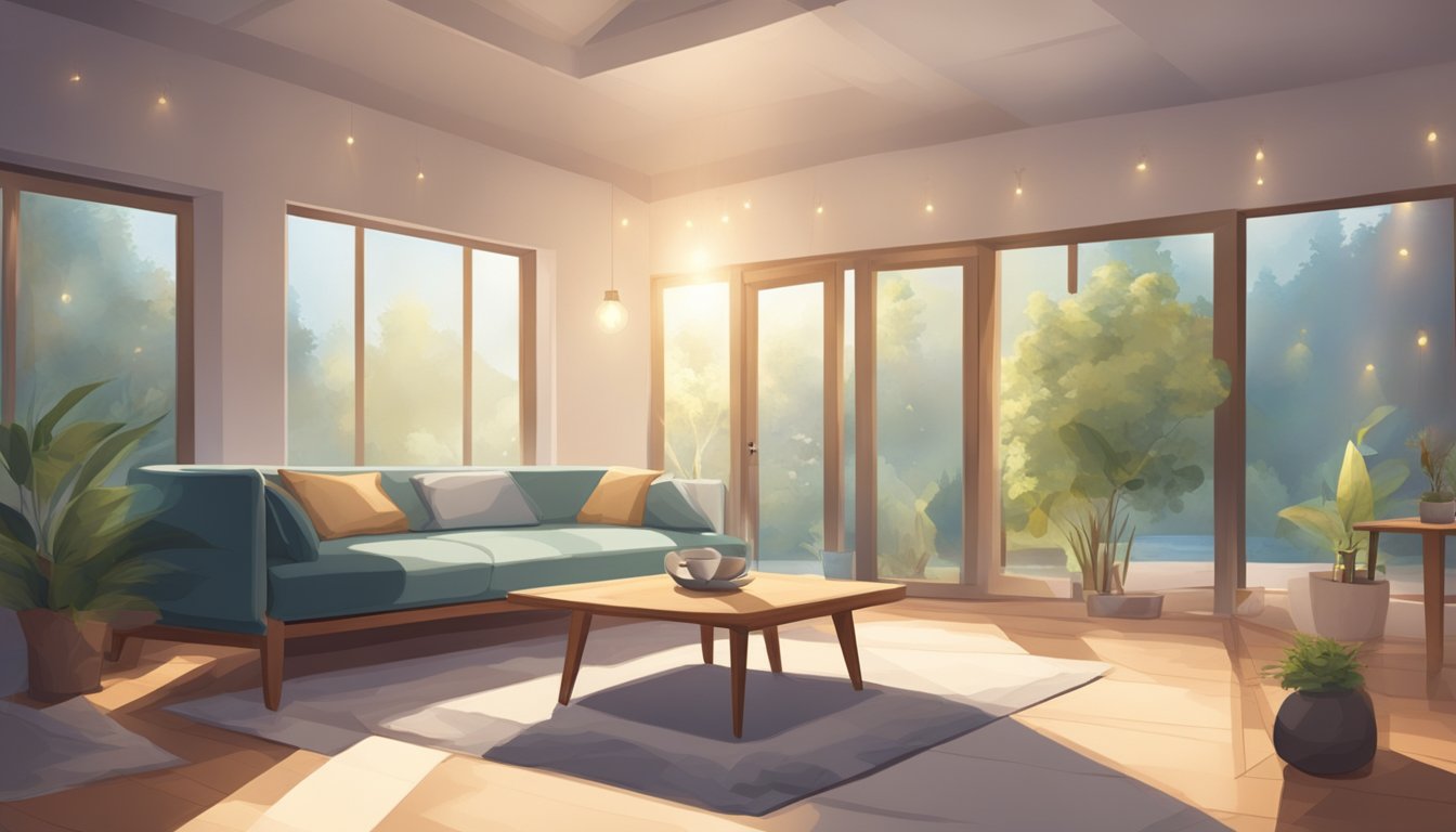 A serene setting with a cushion on the floor, surrounded by soft
lighting and a peaceful atmosphere, with a sense of calm and
tranquility